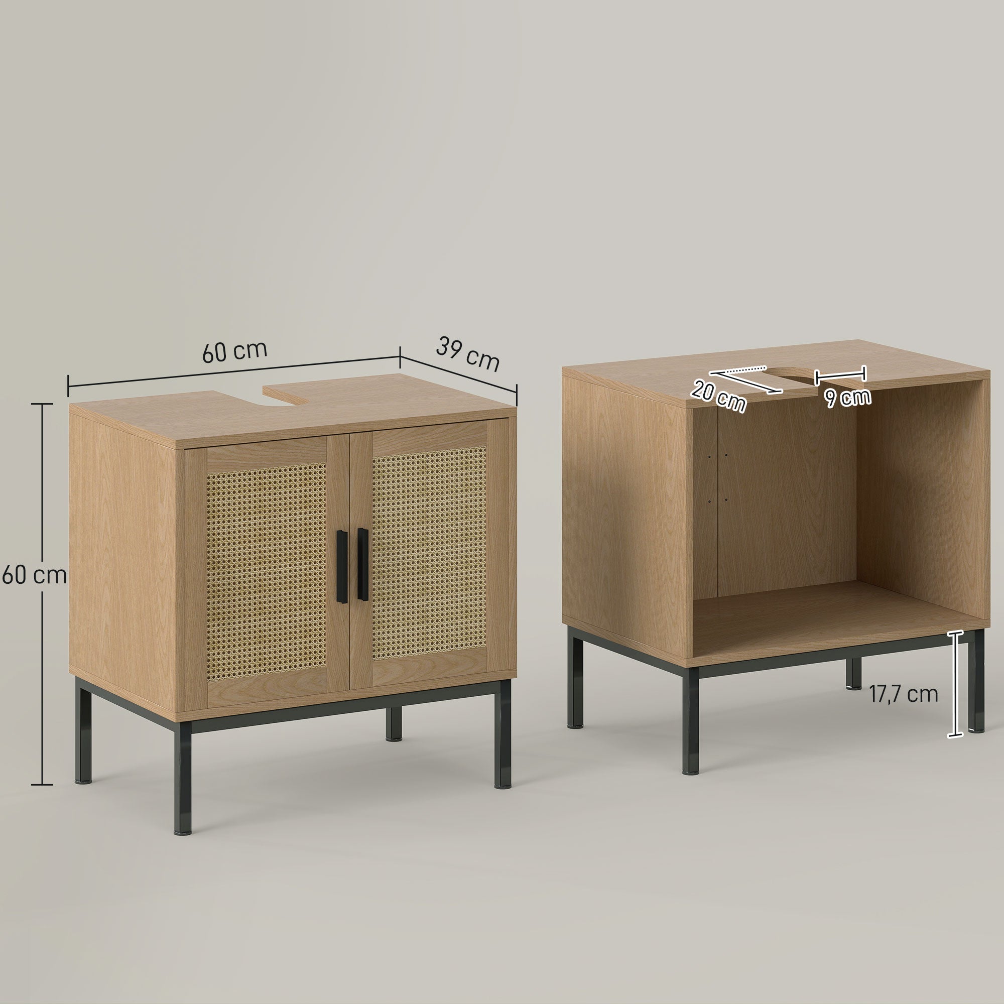Bathroom Cabinet Vanity Cabinet with Rattan Look, Sink Vanity Cabinet with Tip Protection, Oak, 60 x 39 x 60 cm