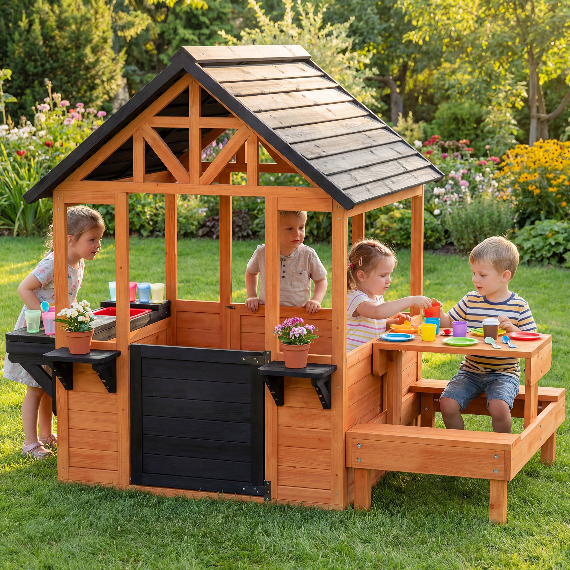 Wooden Outdoor Playhouse for Kids — Table, Benches, Sink, Door, Window & Flower Boxes, Brown, 166.3 x 112.5 x 139.7 cm (65.5 x 44.3 x 55.0 in)