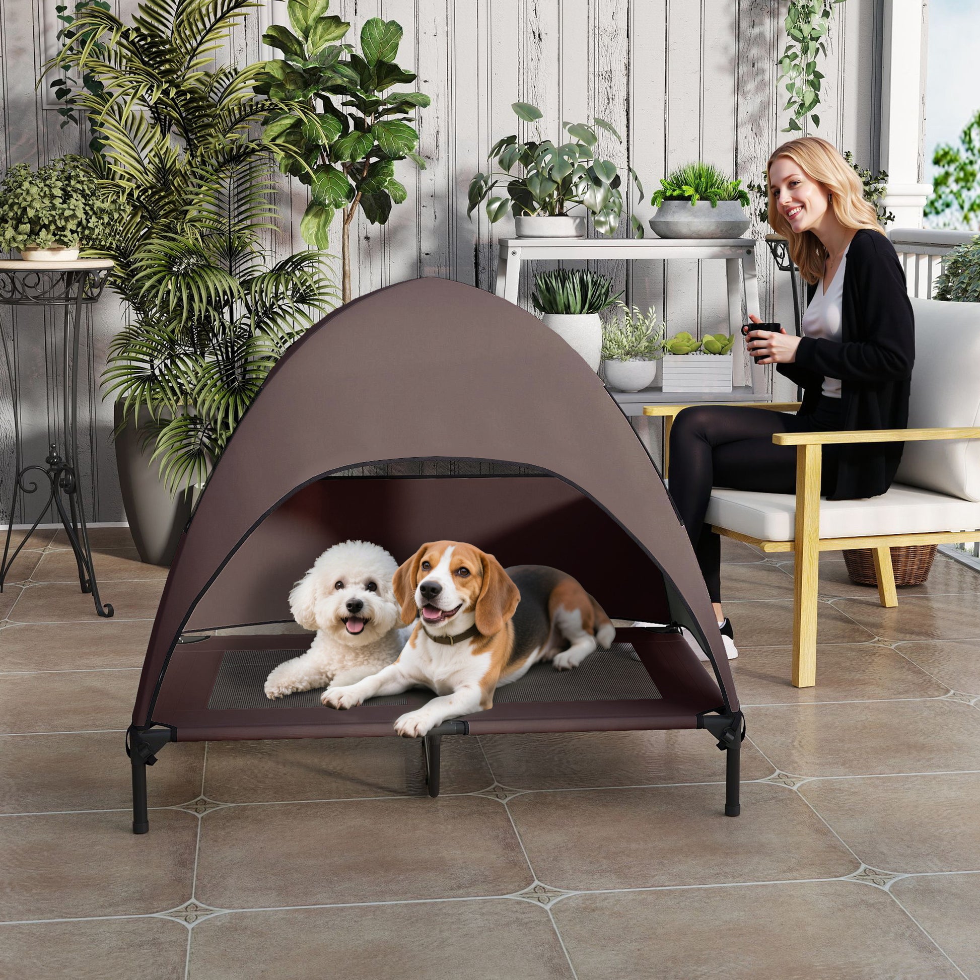 Outdoor Dog Bed with Roof, Elevated Pet Bed for Large Dogs, Cooling Pet Cot with Washable Mesh Metal Frame Carry Bag, Pet Bed for Outdoor Camping 106x76x99cm, Coffee