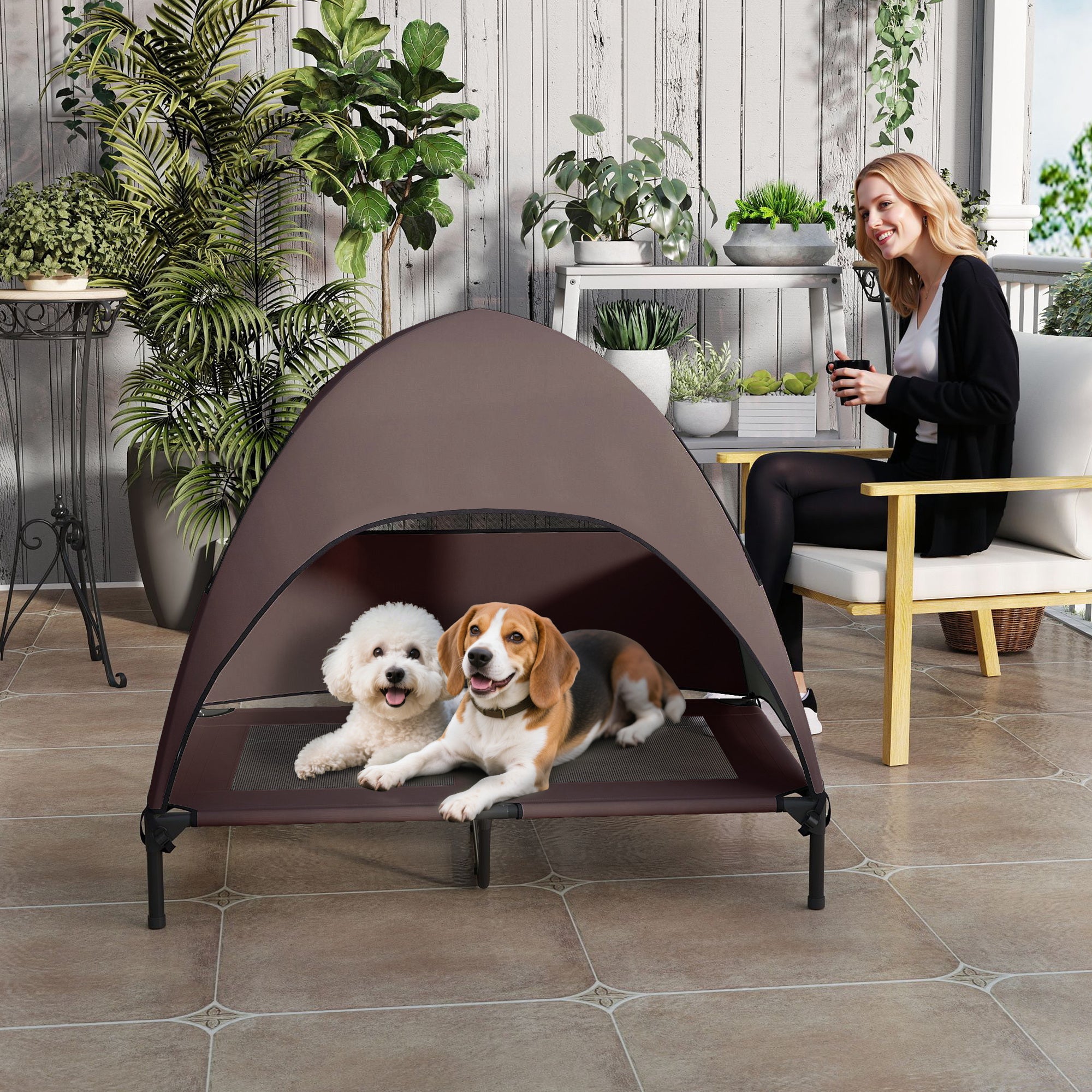 Outdoor Dog Bed with Roof, Elevated Pet Bed for Large Dogs, Cooling Pet Cot with Washable Mesh Metal Frame Carry Bag, Pet Bed for Outdoor Camping 106x76x99cm, Coffee