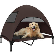Outdoor Dog Bed with Roof, Elevated Pet Bed for Large Dogs, Cooling Pet Cot with Washable Mesh Metal Frame Carry Bag, Pet Bed for Outdoor Camping 106x76x99cm, Coffee