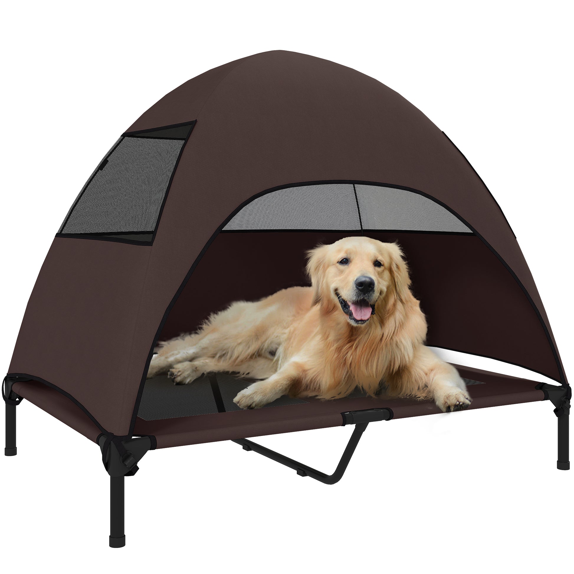 Outdoor Dog Bed with Roof, Elevated Pet Bed for Large Dogs, Cooling Pet Cot with Washable Mesh Metal Frame Carry Bag, Pet Bed for Outdoor Camping 106x76x99cm, Coffee