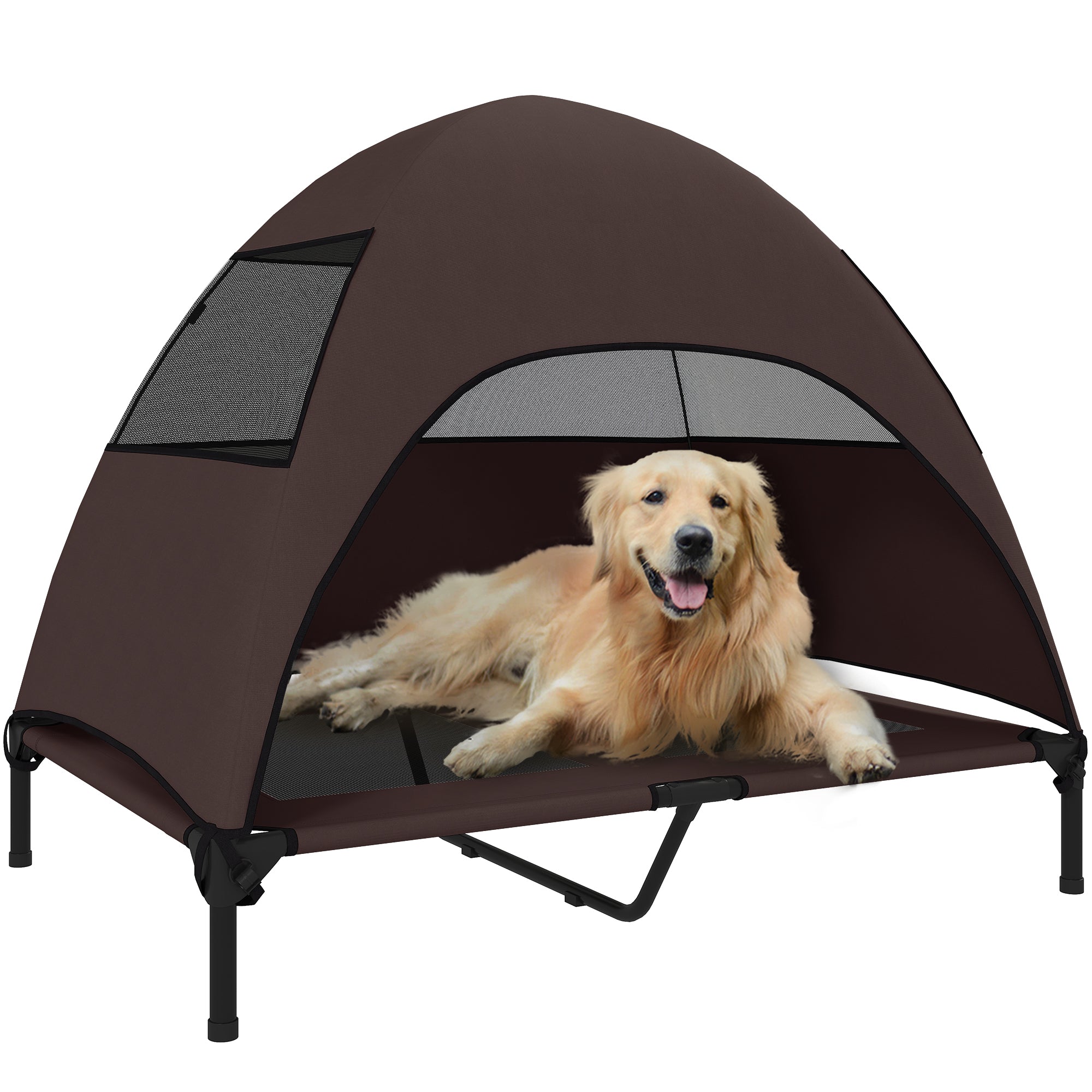 Outdoor Dog Bed with Roof, Elevated Pet Bed for Large Dogs, Cooling Pet Cot with Washable Mesh Metal Frame Carry Bag, Pet Bed for Outdoor Camping 106x76x99cm, Coffee