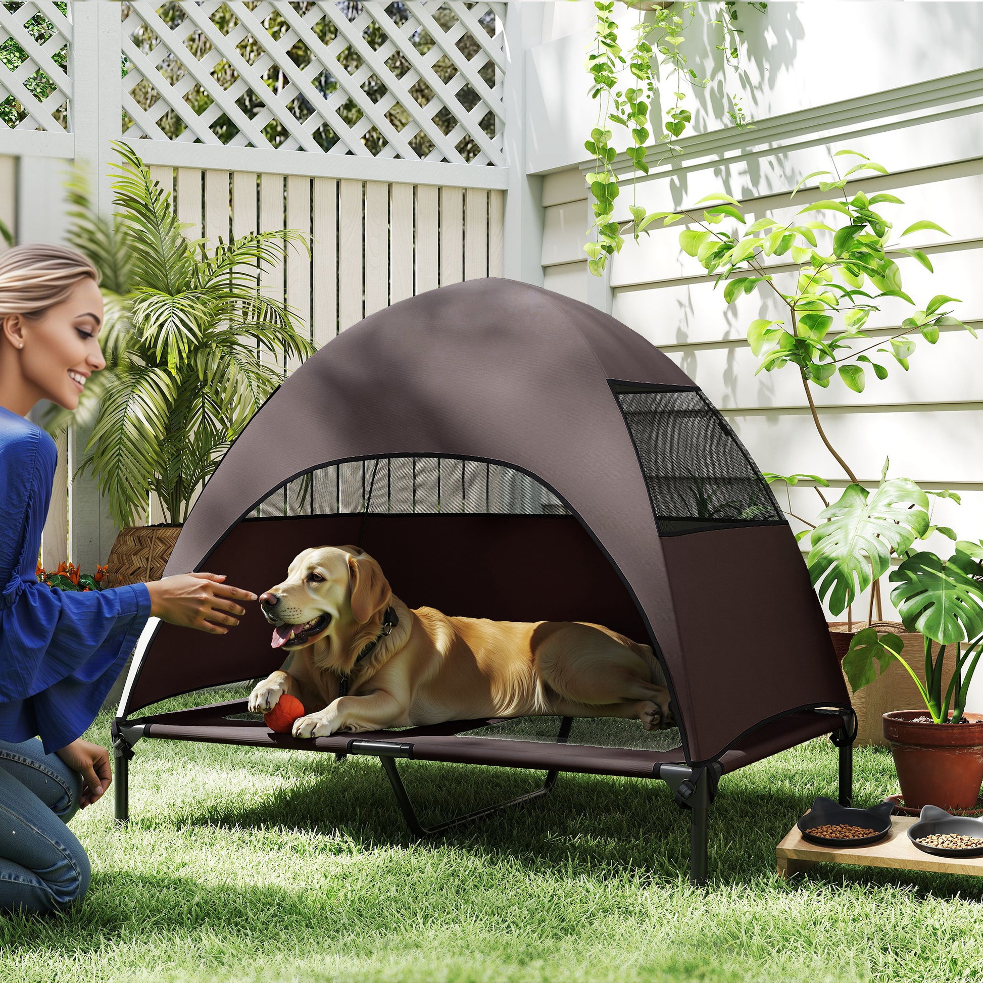 Outdoor Dog Bed with Roof, Elevated Pet Bed for Large Dogs, Cooling Pet Cot with Washable Mesh Metal Frame Carry Bag, Pet Bed for Outdoor Camping 106x76x99cm, Coffee