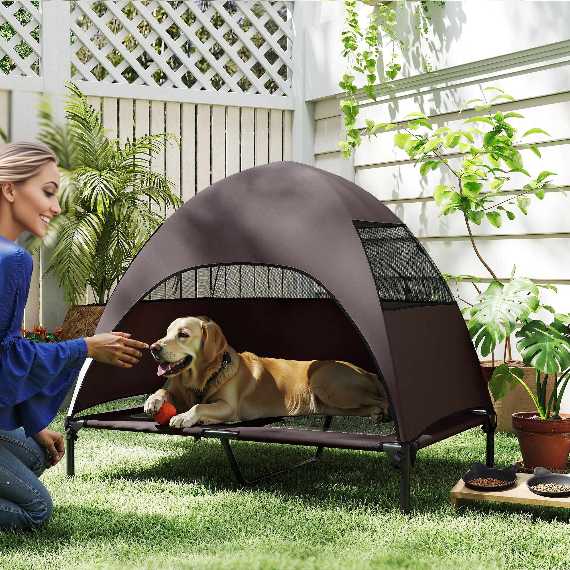 Outdoor Dog Bed with Roof, Elevated Pet Bed for Large Dogs, Cooling Pet Cot with Washable Mesh Metal Frame Carry Bag, Pet Bed for Outdoor Camping 106x76x99cm, Coffee