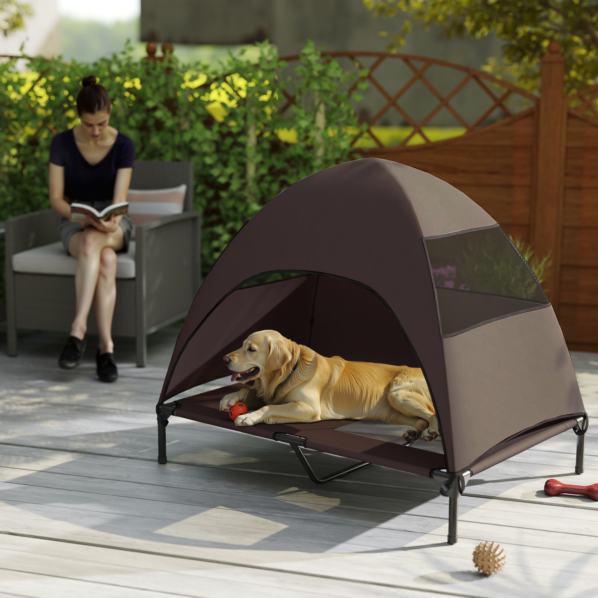 Outdoor Dog Bed with Roof, Elevated Pet Bed for Large Dogs, Cooling Pet Cot with Washable Mesh Metal Frame Carry Bag, Pet Bed for Outdoor Camping 106x76x99cm, Coffee