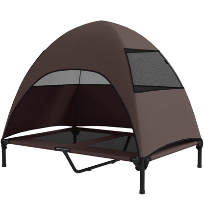 Outdoor Dog Bed with Roof, Elevated Pet Bed for Large Dogs, Cooling Pet Cot with Washable Mesh Metal Frame Carry Bag, Pet Bed for Outdoor Camping 106x76x99cm, Coffee