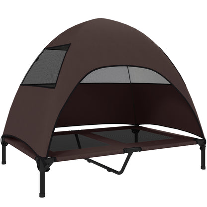 Outdoor Dog Bed with Roof, Elevated Pet Bed for Large Dogs, Cooling Pet Cot with Washable Mesh Metal Frame Carry Bag, Pet Bed for Outdoor Camping 106x76x99cm, Coffee