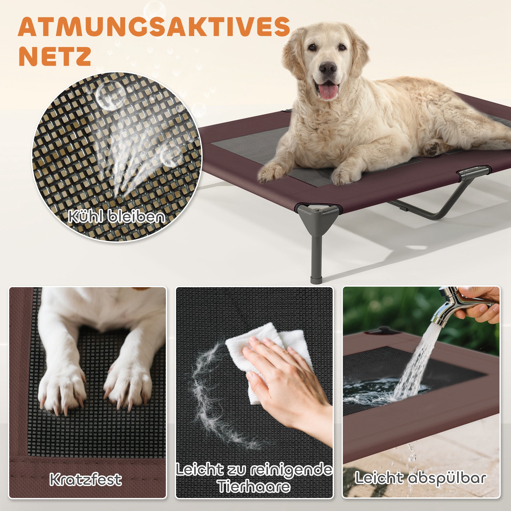 Outdoor Dog Bed with Roof, Elevated Pet Bed for Large Dogs, Cooling Pet Cot with Washable Mesh Metal Frame Carry Bag, Pet Bed for Outdoor Camping 106x76x99cm, Coffee