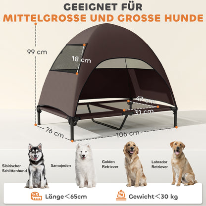 Outdoor Dog Bed with Roof, Elevated Pet Bed for Large Dogs, Cooling Pet Cot with Washable Mesh Metal Frame Carry Bag, Pet Bed for Outdoor Camping 106x76x99cm, Coffee