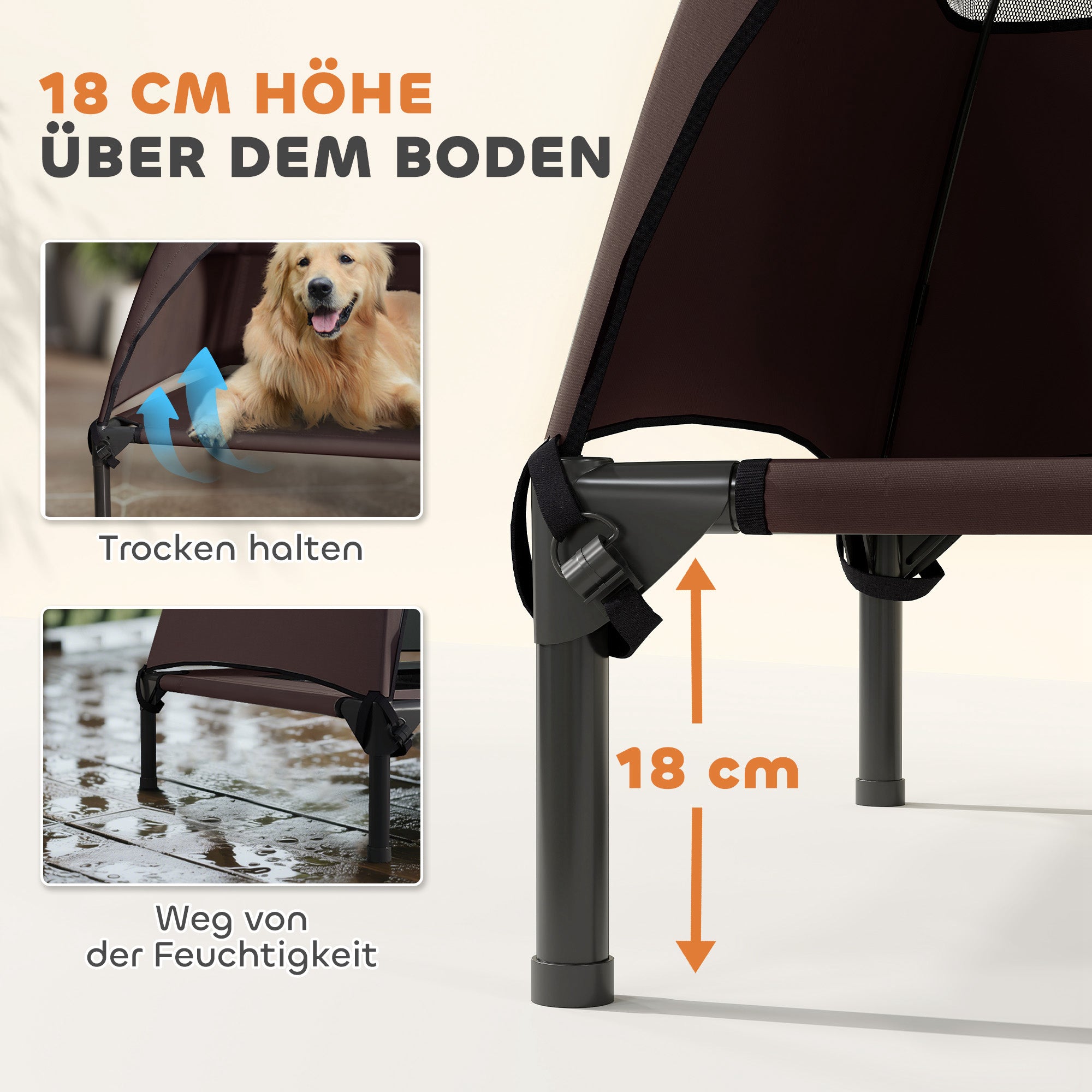Outdoor Dog Bed with Roof, Elevated Pet Bed for Large Dogs, Cooling Pet Cot with Washable Mesh Metal Frame Carry Bag, Pet Bed for Outdoor Camping 106x76x99cm, Coffee