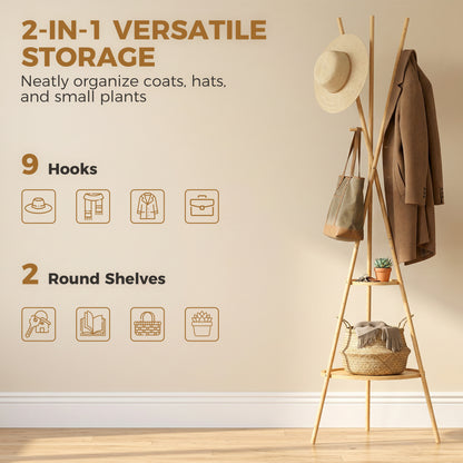 Modern Freestanding Coat Rack with 2 Shelves & 9 Hooks, Natural Bamboo