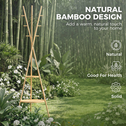Modern Freestanding Coat Rack with 2 Shelves & 9 Hooks, Natural Bamboo