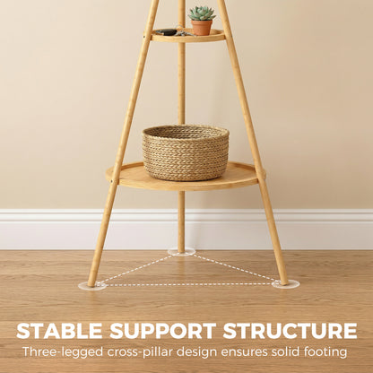 Modern Freestanding Coat Rack with 2 Shelves & 9 Hooks, Natural Bamboo