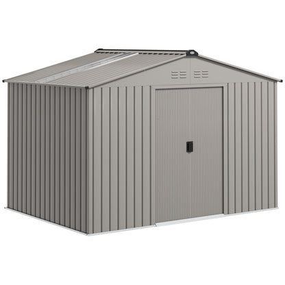 Garden Shed Exterior 4.9 m² 277x195x192 cm Outdoor Garden Shed with Sliding Door Fiberglass Roof Reinforced Base (Floor NOT Included) and 4 Windows Gray Silver