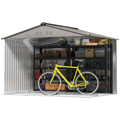 Garden Shed Exterior 4.9 m² 277x195x192 cm Outdoor Garden Shed with Sliding Door Fiberglass Roof Reinforced Base (Floor NOT Included) and 4 Windows Gray Silver