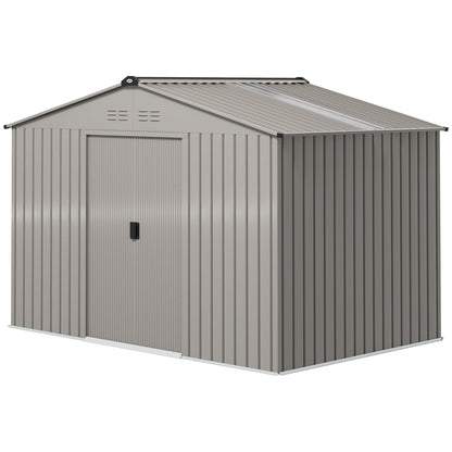 Garden Shed Exterior 4.9 m² 277x195x192 cm Outdoor Garden Shed with Sliding Door Fiberglass Roof Reinforced Base (Floor NOT Included) and 4 Windows Gray Silver