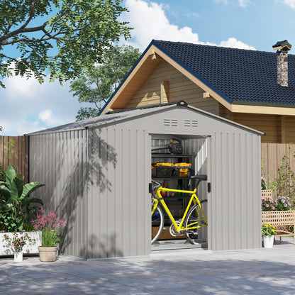 Garden Shed Exterior 4.9 m² 277x195x192 cm Outdoor Garden Shed with Sliding Door Fiberglass Roof Reinforced Base (Floor NOT Included) and 4 Windows Gray Silver