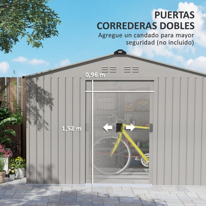 Garden Shed Exterior 4.9 m² 277x195x192 cm Outdoor Garden Shed with Sliding Door Fiberglass Roof Reinforced Base (Floor NOT Included) and 4 Windows Gray Silver