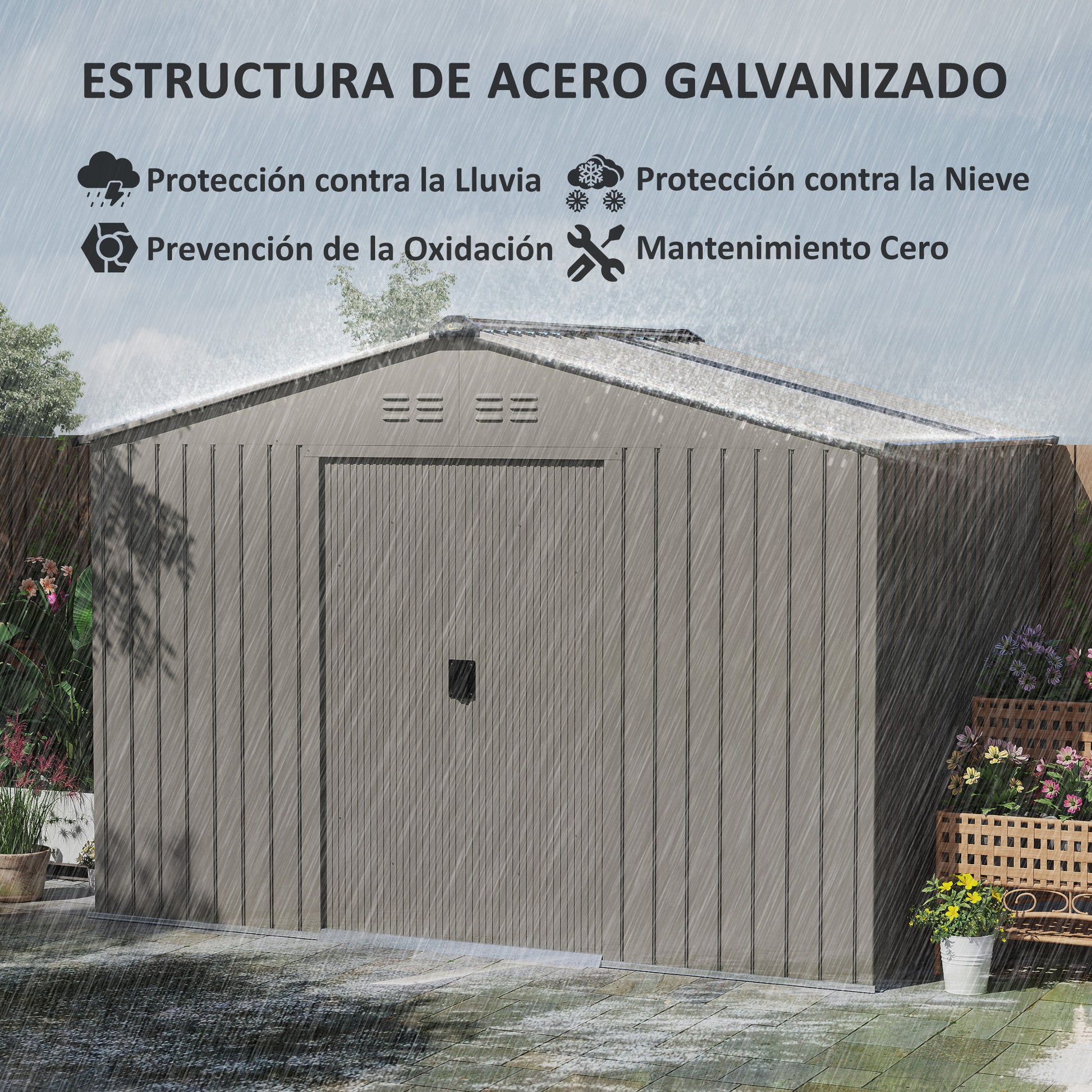 Garden Shed Exterior 4.9 m² 277x195x192 cm Outdoor Garden Shed with Sliding Door Fiberglass Roof Reinforced Base (Floor NOT Included) and 4 Windows Gray Silver