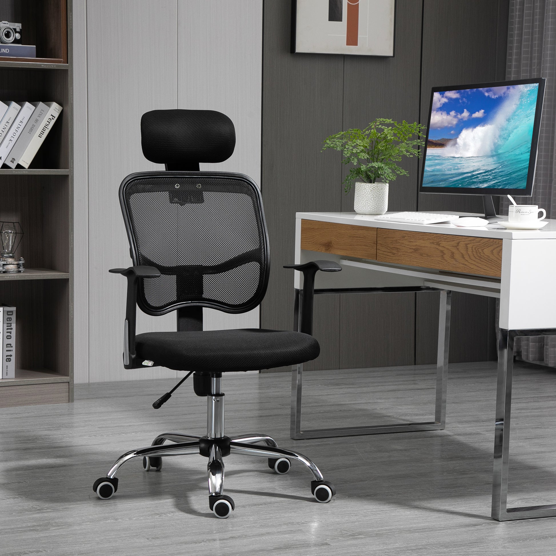 Swivel Office Chair Ergonomic Desk Chair with Adjustable Height Tilt Function Headrest and Lumbar Support 63x62x109-117 cm Black