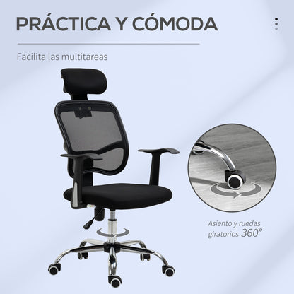 Swivel Office Chair Ergonomic Desk Chair with Adjustable Height Tilt Function Headrest and Lumbar Support 63x62x109-117 cm Black