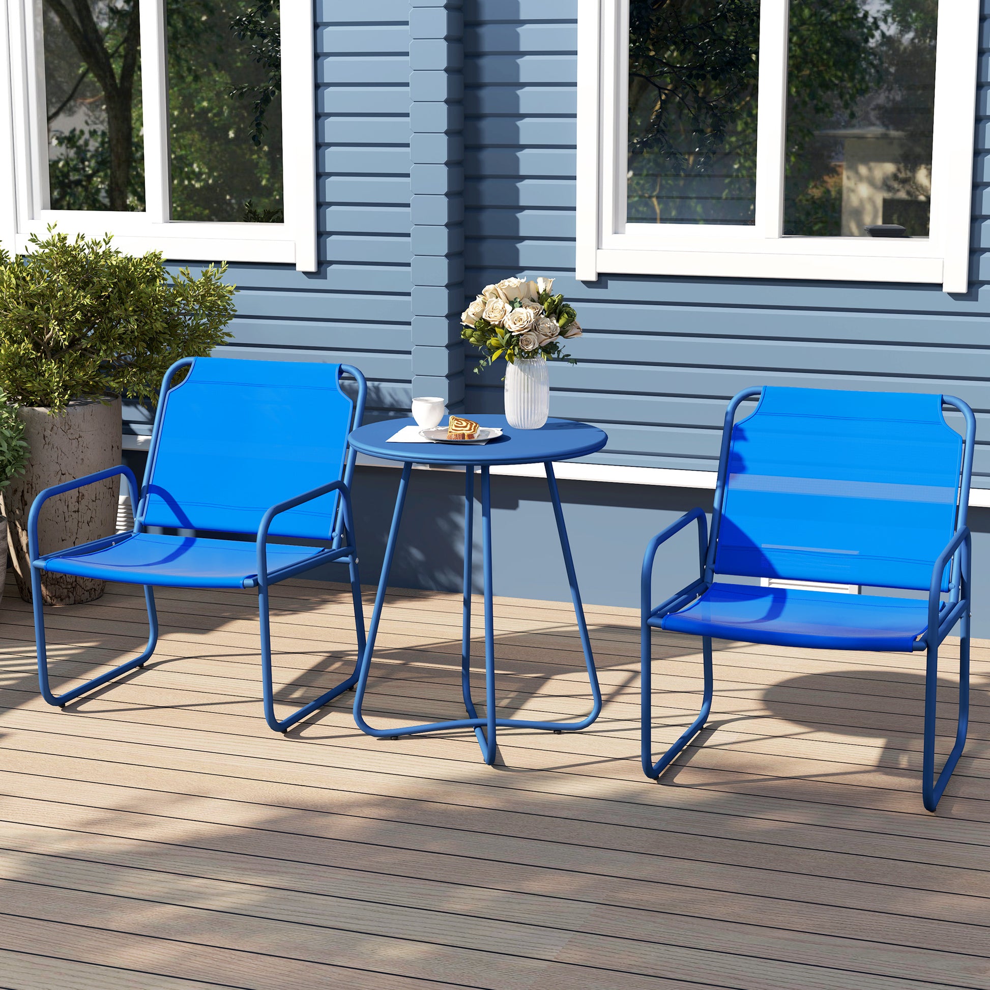 3-Piece Garden Set, Patio Furniture, 2 Chairs 1 Round Table, Steel and Breathable Fabric, Navy Blue