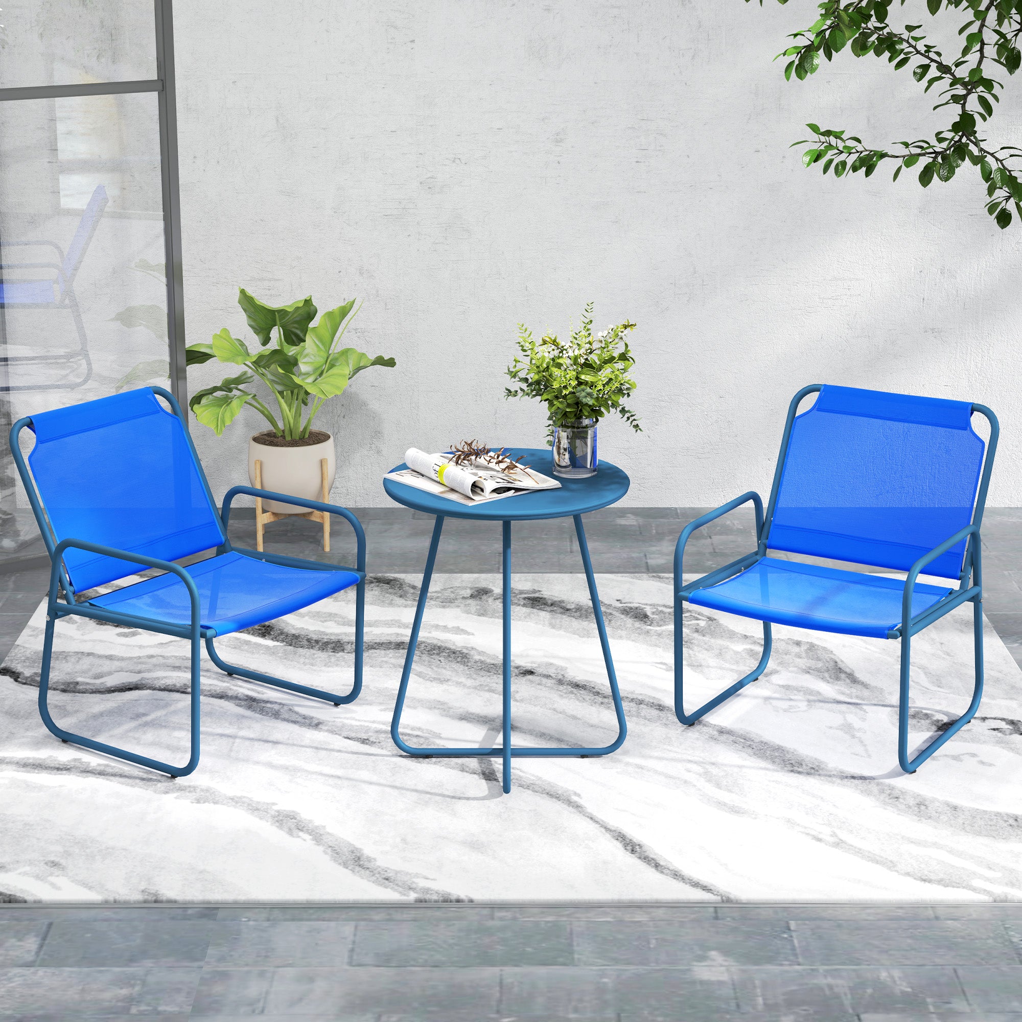 3-Piece Garden Set, Patio Furniture, 2 Chairs 1 Round Table, Steel and Breathable Fabric, Navy Blue