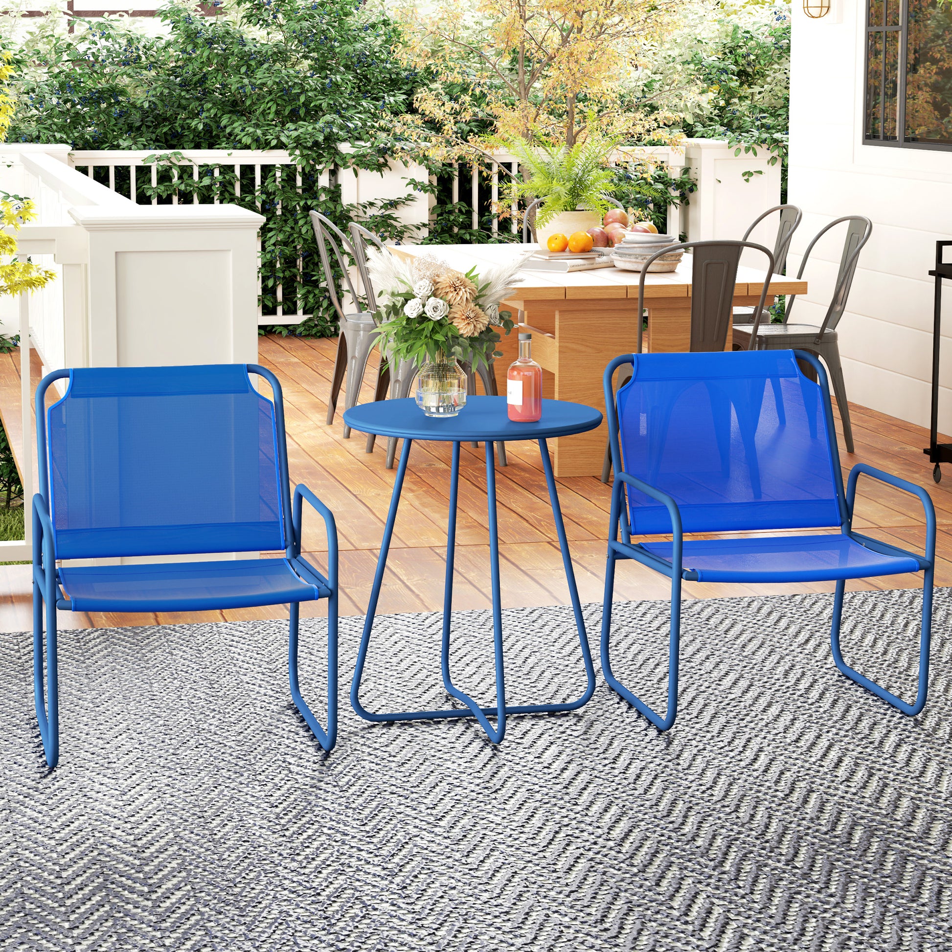 3-Piece Garden Set, Patio Furniture, 2 Chairs 1 Round Table, Steel and Breathable Fabric, Navy Blue