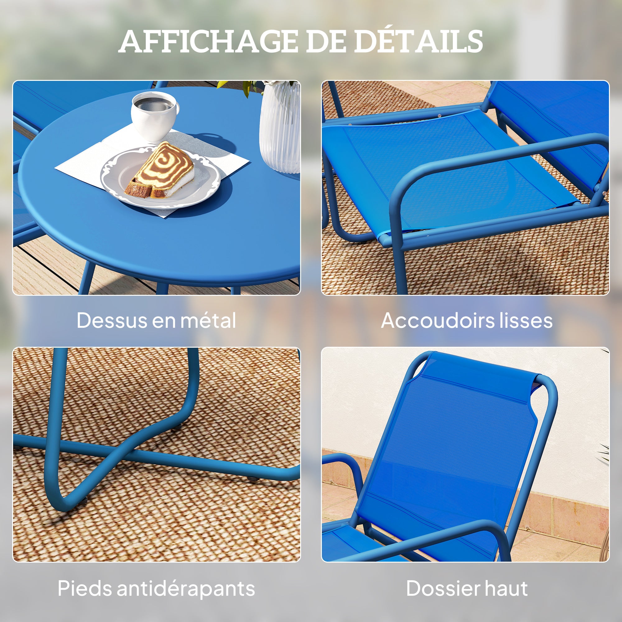3-Piece Garden Set, Patio Furniture, 2 Chairs 1 Round Table, Steel and Breathable Fabric, Navy Blue