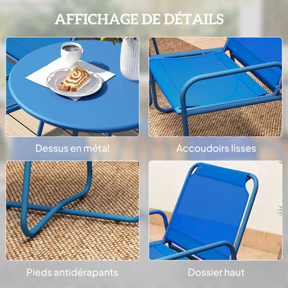 3-Piece Garden Set, Patio Furniture, 2 Chairs 1 Round Table, Steel and Breathable Fabric, Navy Blue