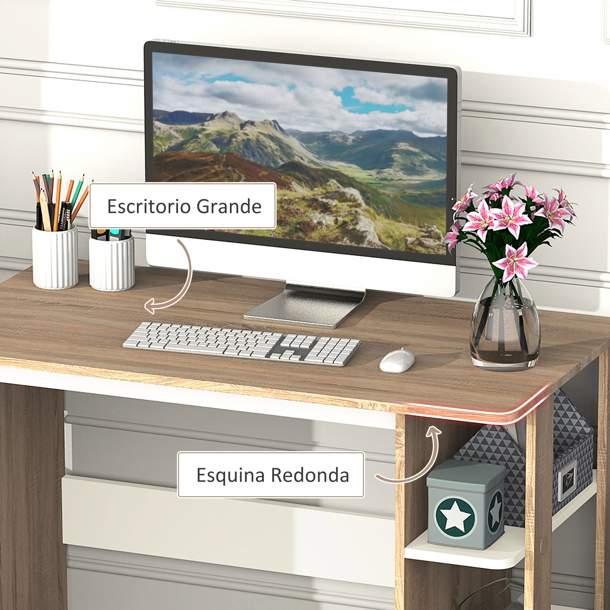 2-in-1 Desk with 3-Level Shelf Large Surface Storage Space Office Desk Bedroom Study 100x55x74 cm Wood