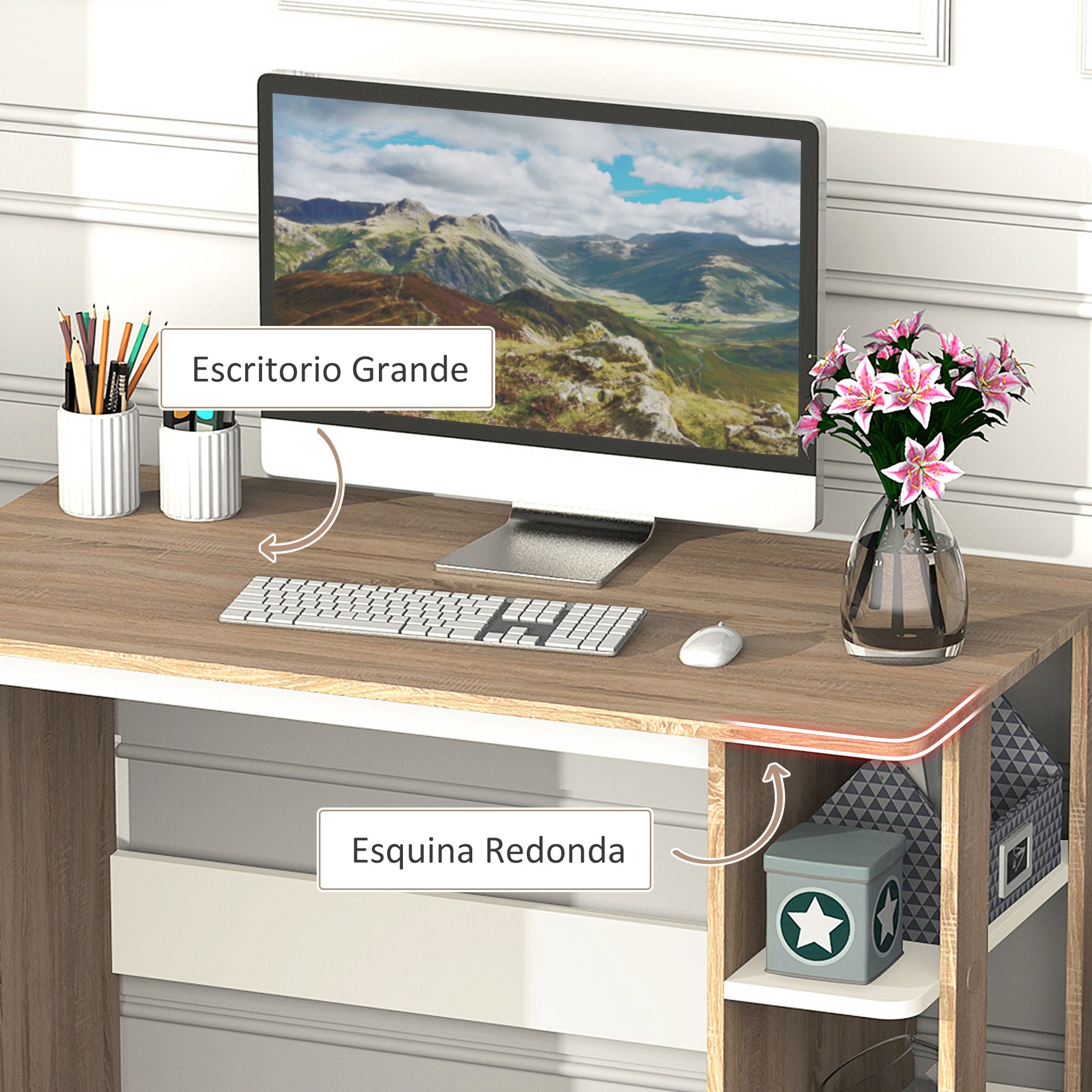 2-in-1 Desk with 3-Level Shelf Large Surface Storage Space Office Desk Bedroom Study 100x55x74 cm Wood
