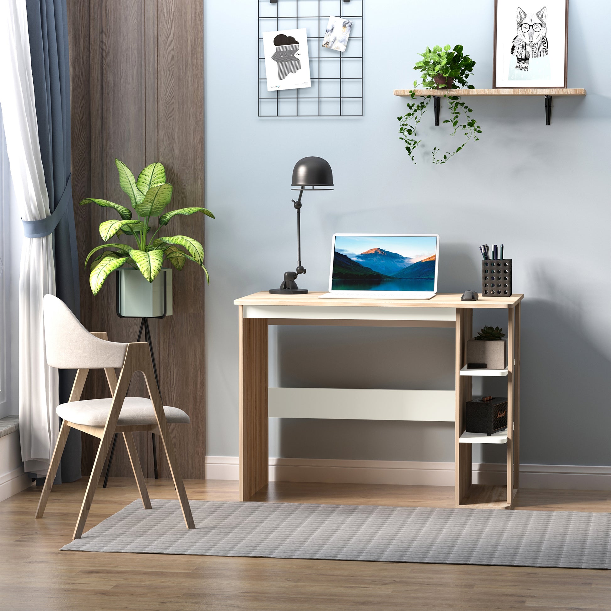2-in-1 Desk with 3-Level Shelf Large Surface Storage Space Office Desk Bedroom Study 100x55x74 cm Wood