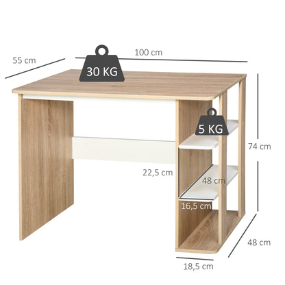 2-in-1 Desk with 3-Level Shelf Large Surface Storage Space Office Desk Bedroom Study 100x55x74 cm Wood