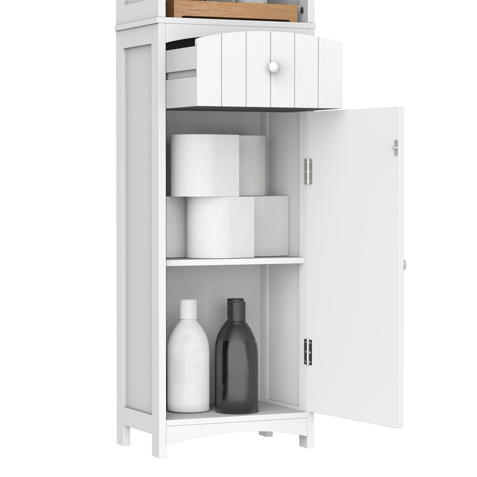 Tall Narrow Bathroom Cabinet with 1 Drawer and 3 Open Shelves Bathroom Column Modern Style for Living Room Bathroom Kitchen 34x24x170 cm White