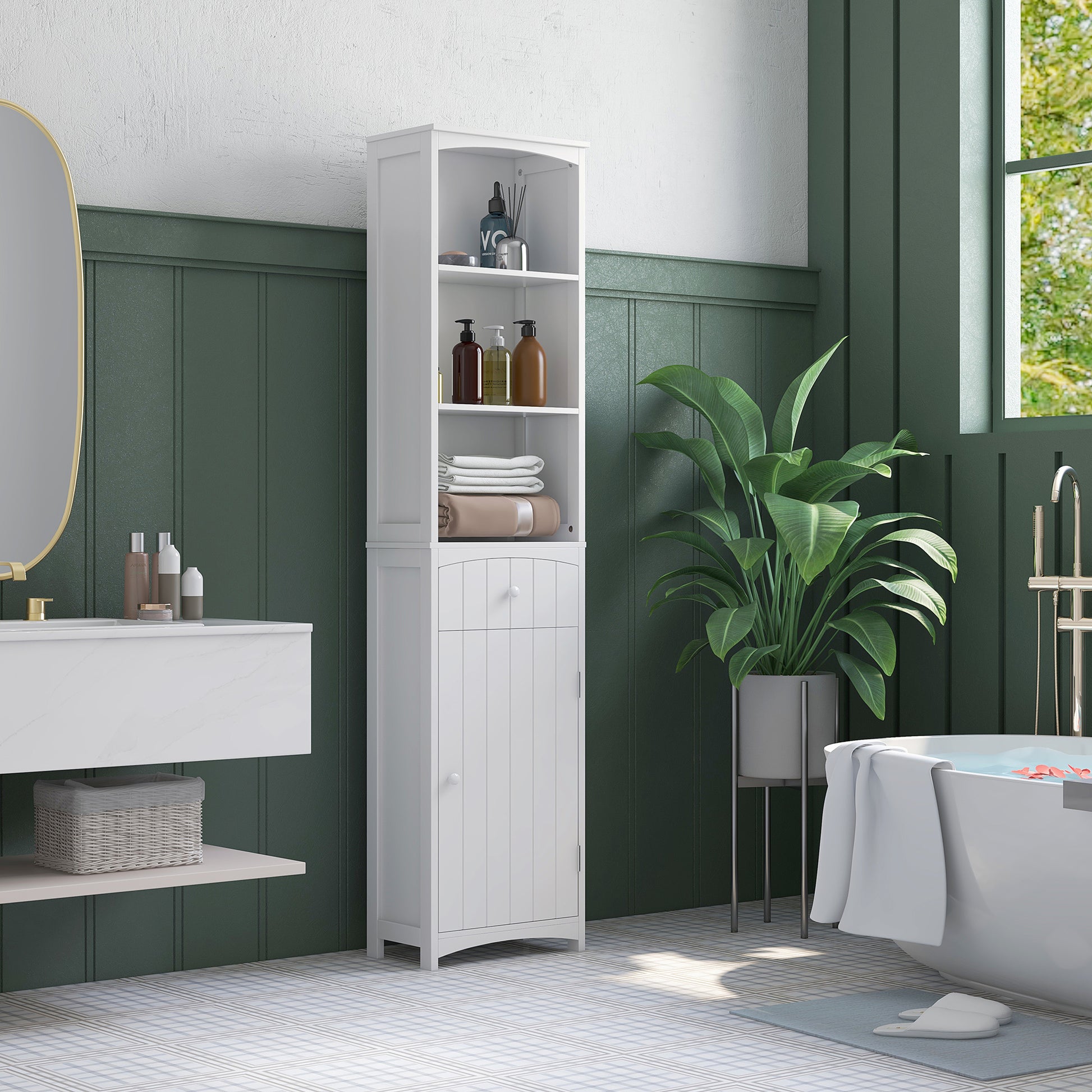 Tall Narrow Bathroom Cabinet with 1 Drawer and 3 Open Shelves Bathroom Column Modern Style for Living Room Bathroom Kitchen 34x24x170 cm White