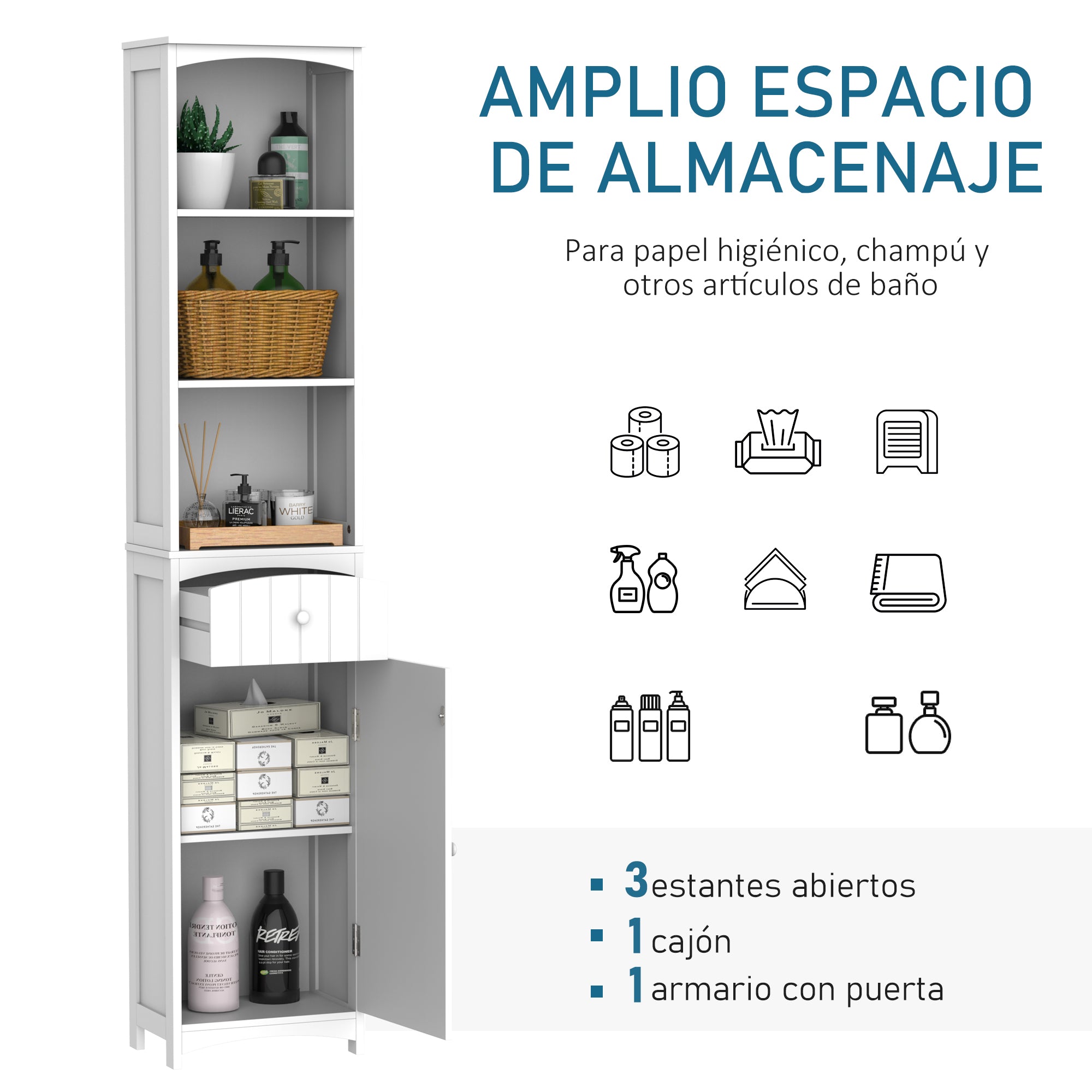 Tall Narrow Bathroom Cabinet with 1 Drawer and 3 Open Shelves Bathroom Column Modern Style for Living Room Bathroom Kitchen 34x24x170 cm White