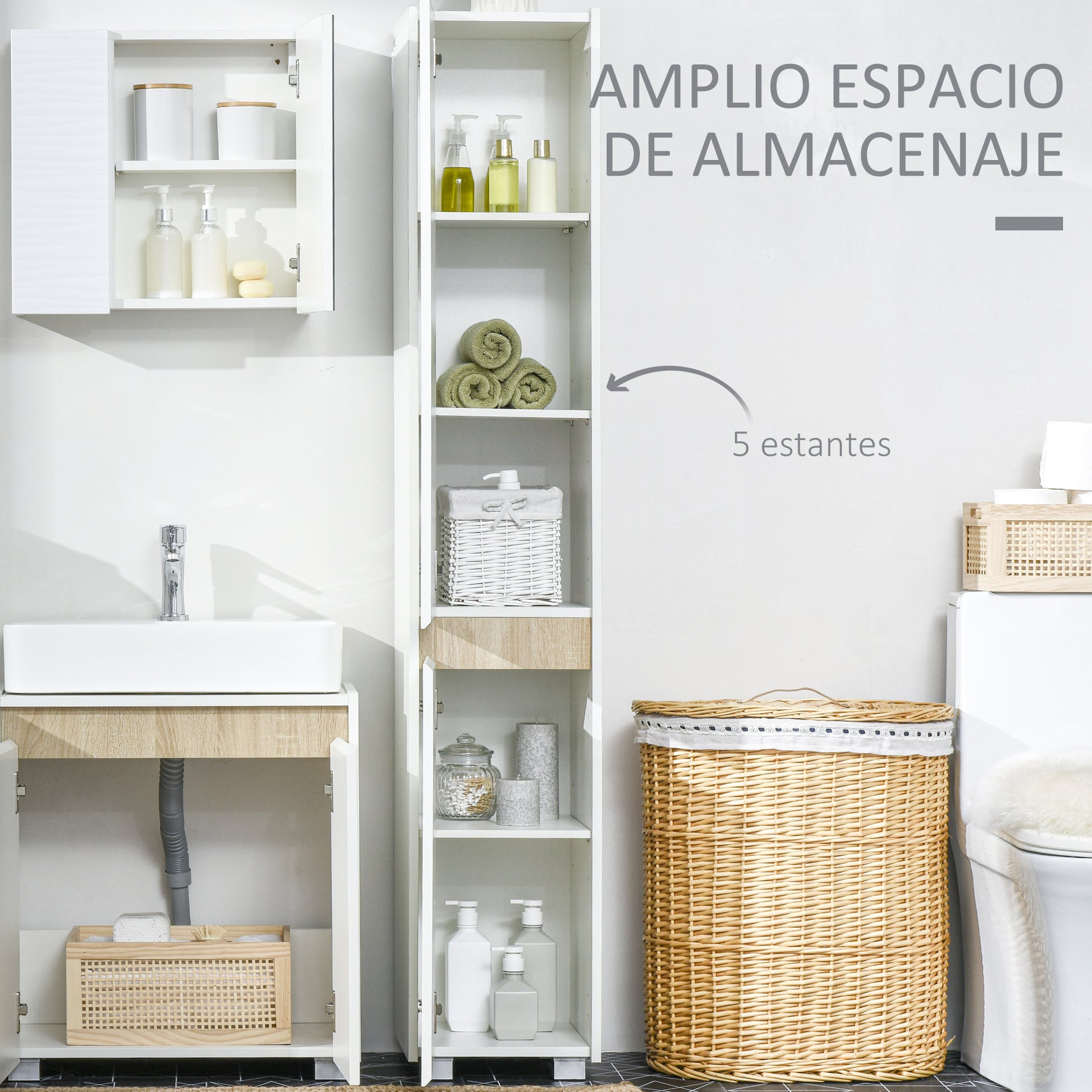 Tall Bathroom Column Auxiliary Cabinet with 5 Adjustable Shelves Multi-Purpose Cabinet for Shower Toilet Bedroom 30x33x165 cm White