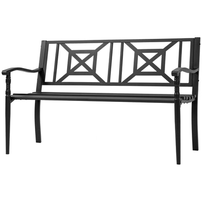 2-Seater Garden Bench Outdoor Patio Terrace High Back Slatted Seat Comfortable Armrests Steel 128 x 62.5 x 81.5 cm Black
