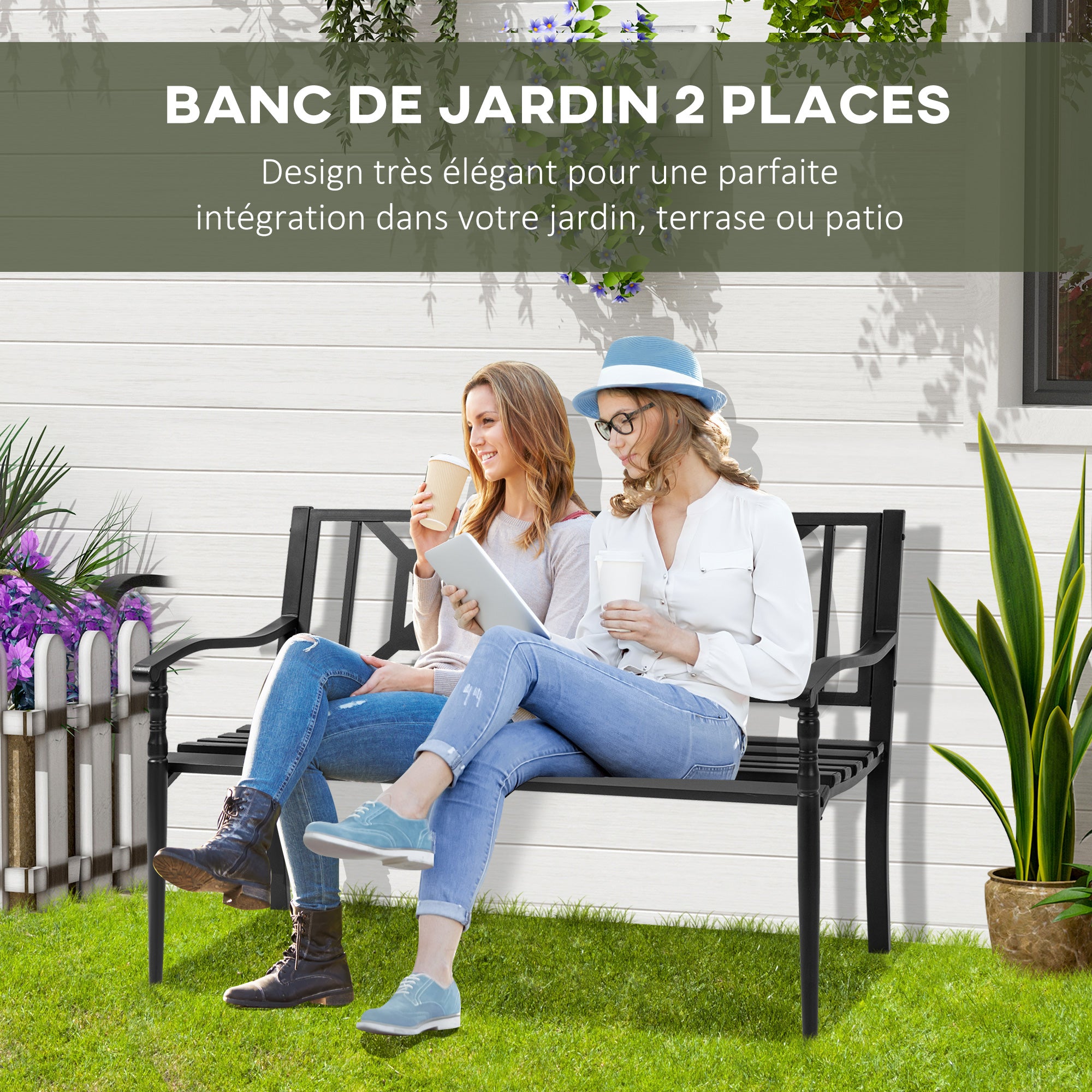2-Seater Garden Bench Outdoor Patio Terrace High Back Slatted Seat Comfortable Armrests Steel 128 x 62.5 x 81.5 cm Black