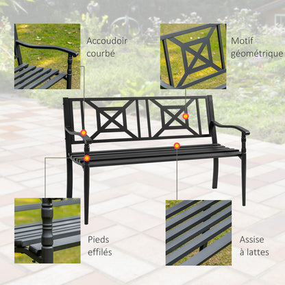 2-Seater Garden Bench Outdoor Patio Terrace High Back Slatted Seat Comfortable Armrests Steel 128 x 62.5 x 81.5 cm Black