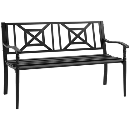 2-Seater Garden Bench Outdoor Patio Terrace High Back Slatted Seat Comfortable Armrests Steel 128 x 62.5 x 81.5 cm Black