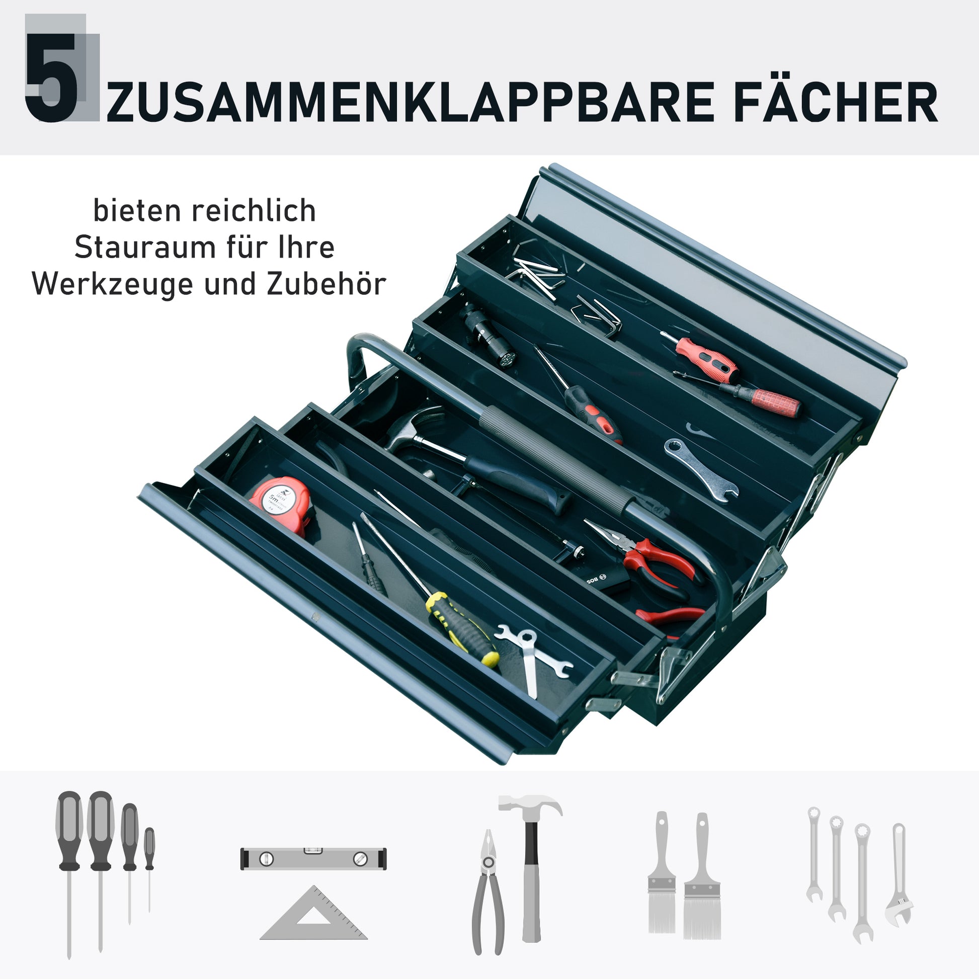 Tool Box Toolbox Assembly Tool Chest Empty Space-saving with 5 Compartments Foldable Stable Steel (SPCC) Dark green 45 x 20 x 34.5 cm