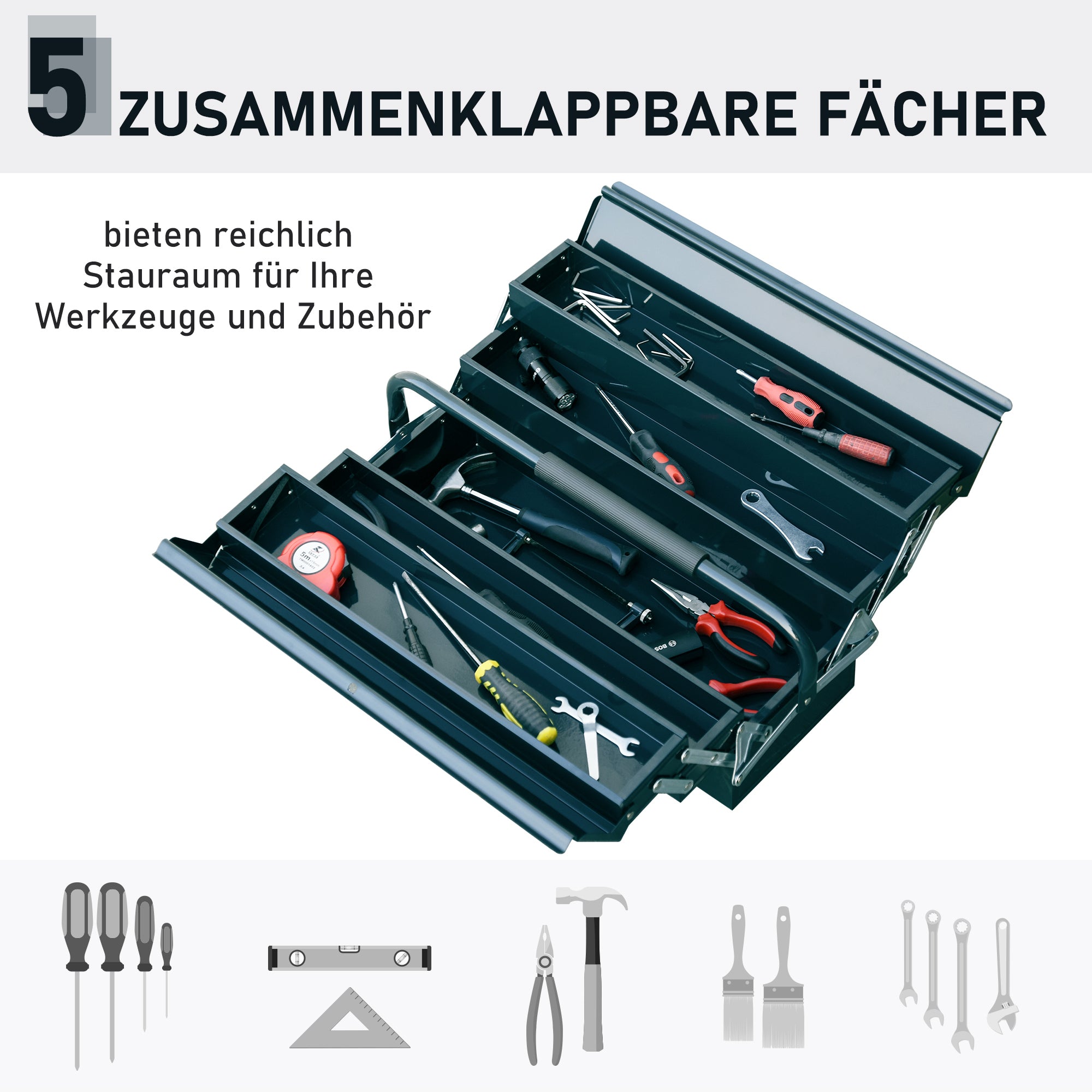 Tool Box Toolbox Assembly Tool Chest Empty Space-saving with 5 Compartments Foldable Stable Steel (SPCC) Dark green 45 x 20 x 34.5 cm