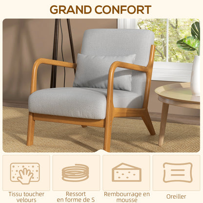 Solid Wood Frame Lounge Chair - Deep Seating - Armrests - Light Gray Velvet Upholstery