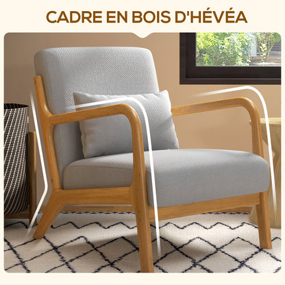 Solid Wood Frame Lounge Chair - Deep Seating - Armrests - Light Gray Velvet Upholstery