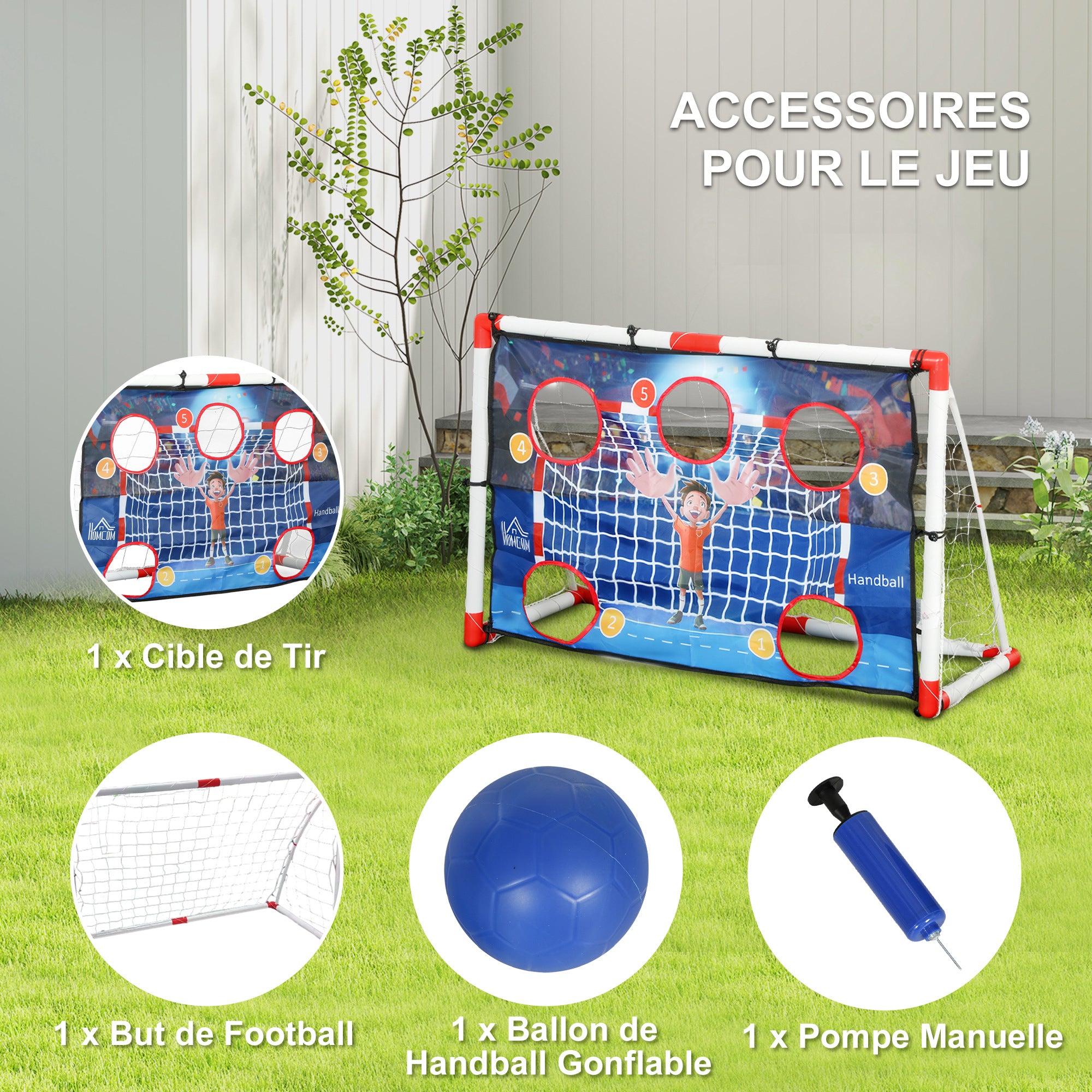 Outdoor Kids Handball Cage, 5 Target Zones Goal, Inflatable Handball, Pump, U-Shaped Ground Stakes, Lightweight Frame