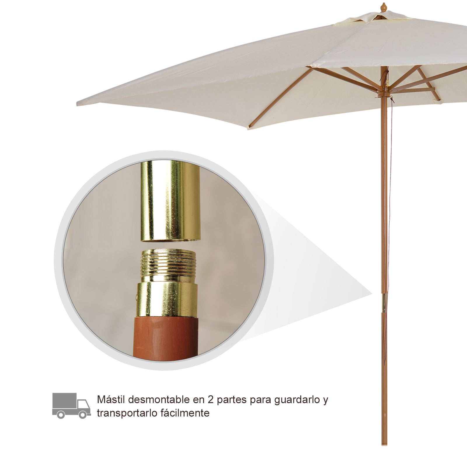 Garden Umbrella 295x200 cm with Wooden Post Bamboo Ribs and Pulley Rectangular Garden Parasol Waterproof for Patio or Terrace Classic Style Cream