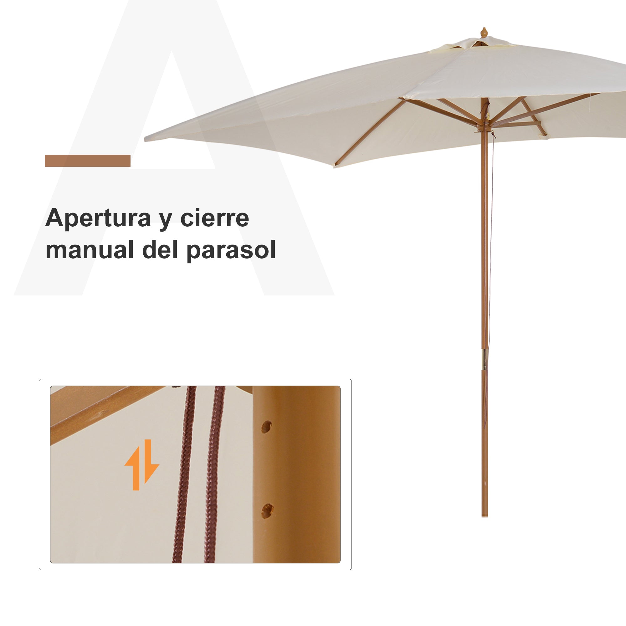 Garden Umbrella 295x200 cm with Wooden Post Bamboo Ribs and Pulley Rectangular Garden Parasol Waterproof for Patio or Terrace Classic Style Cream